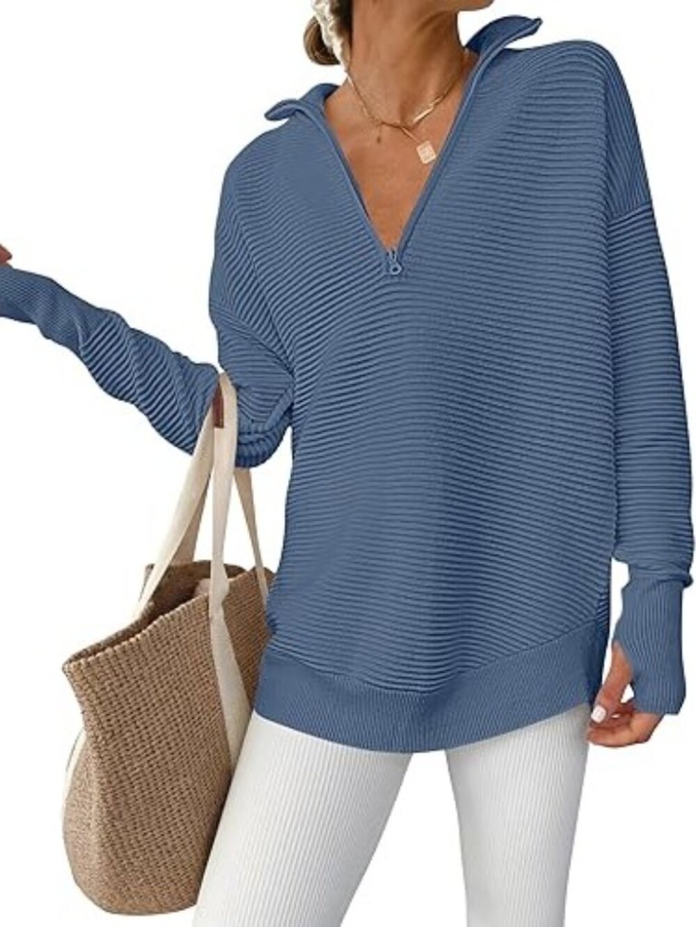 ANRABESS Women's Long Sleeve Quarter Zip Pullover Sweater Size S In Blue
